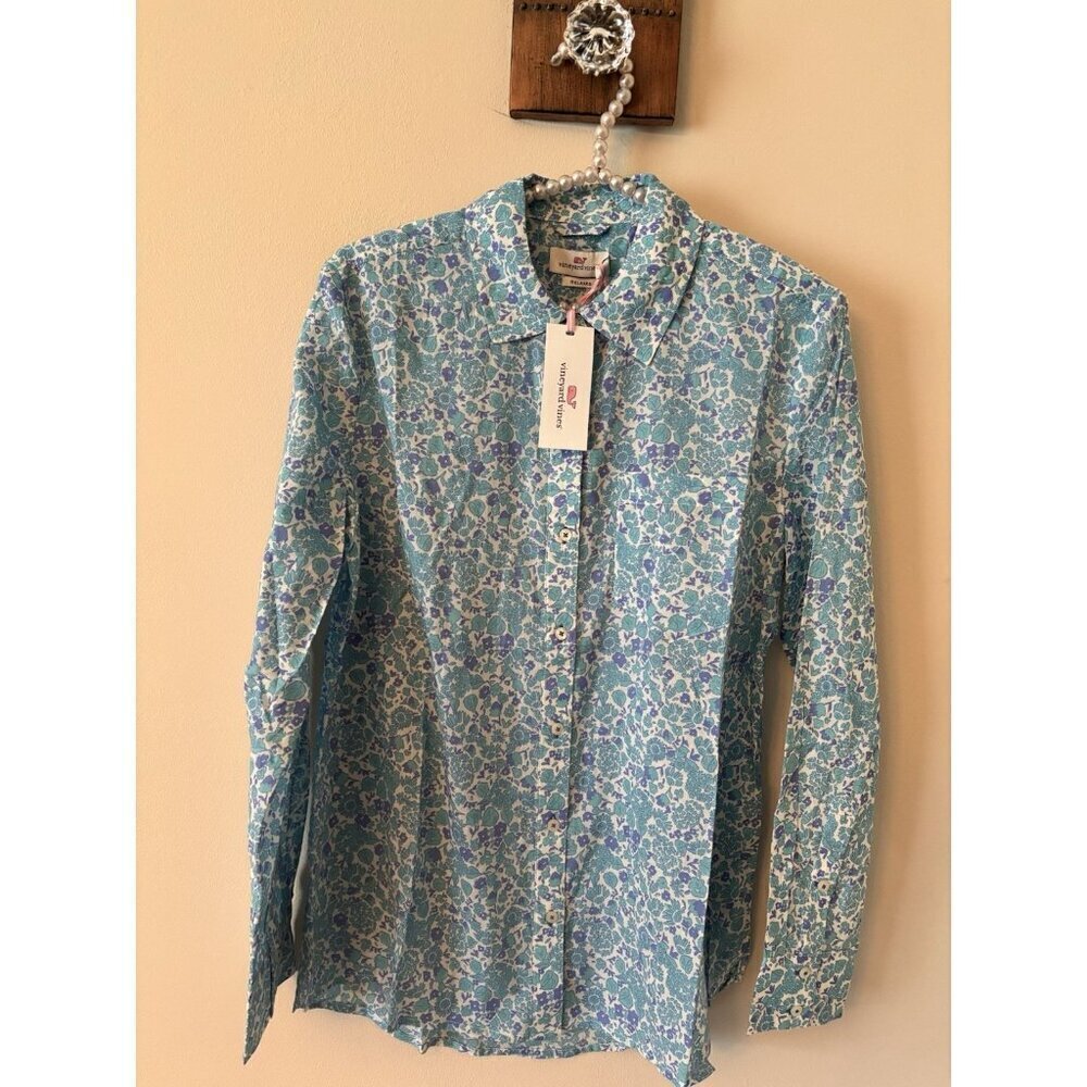 NWT Vineyard Vines Size 6 Among The Flowers Chilmark Long Sleeve Top Aqua Haze